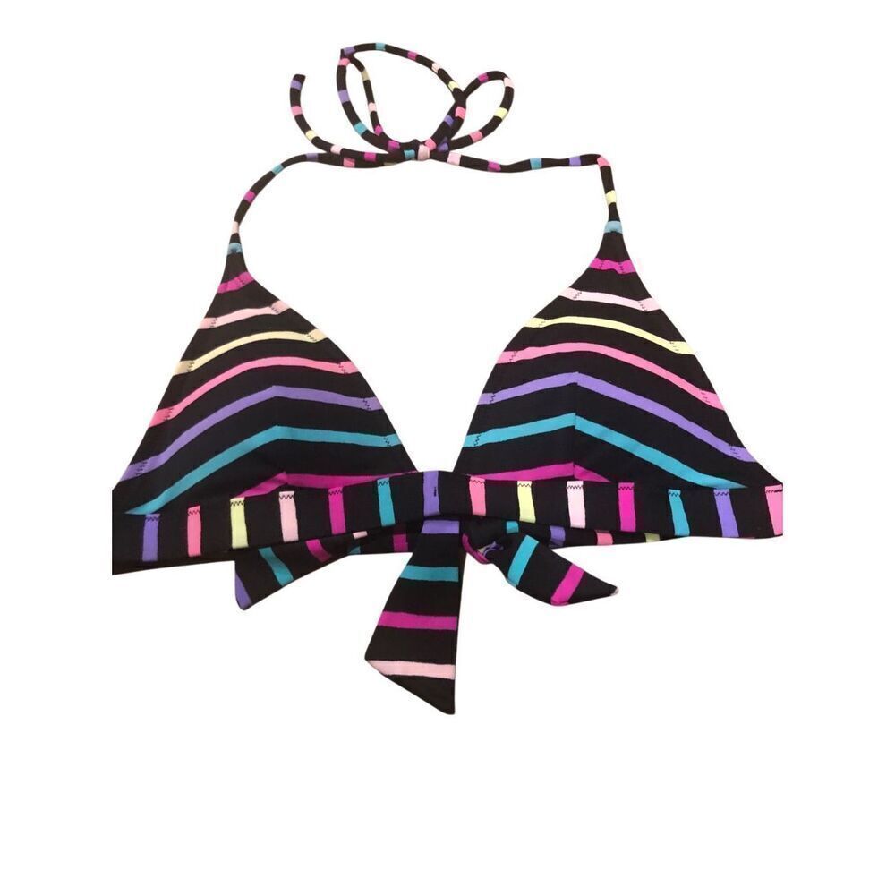 Victoria’s Secret black with bright multi striped padded halter bikini top size